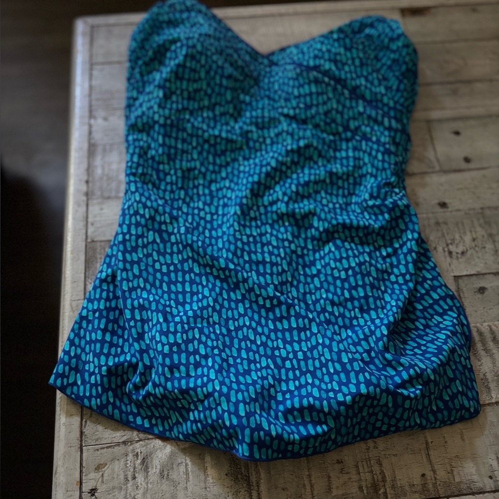 Blue and green one piece bathing suit with padded bra support